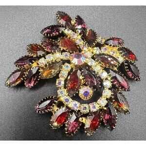 VTG Large Red Purple Bi Color Aurora Borealis Large Rhinestone Pin Brooch Gold
